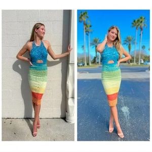 Staud NEW Edesia Cut Out Bodycon Knit Knee Length Halter Dress Rainbow Multi